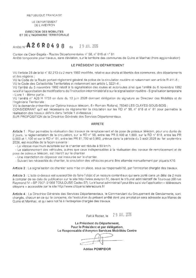 Arrêté N°A26R0498 du 29 juillet 2026
