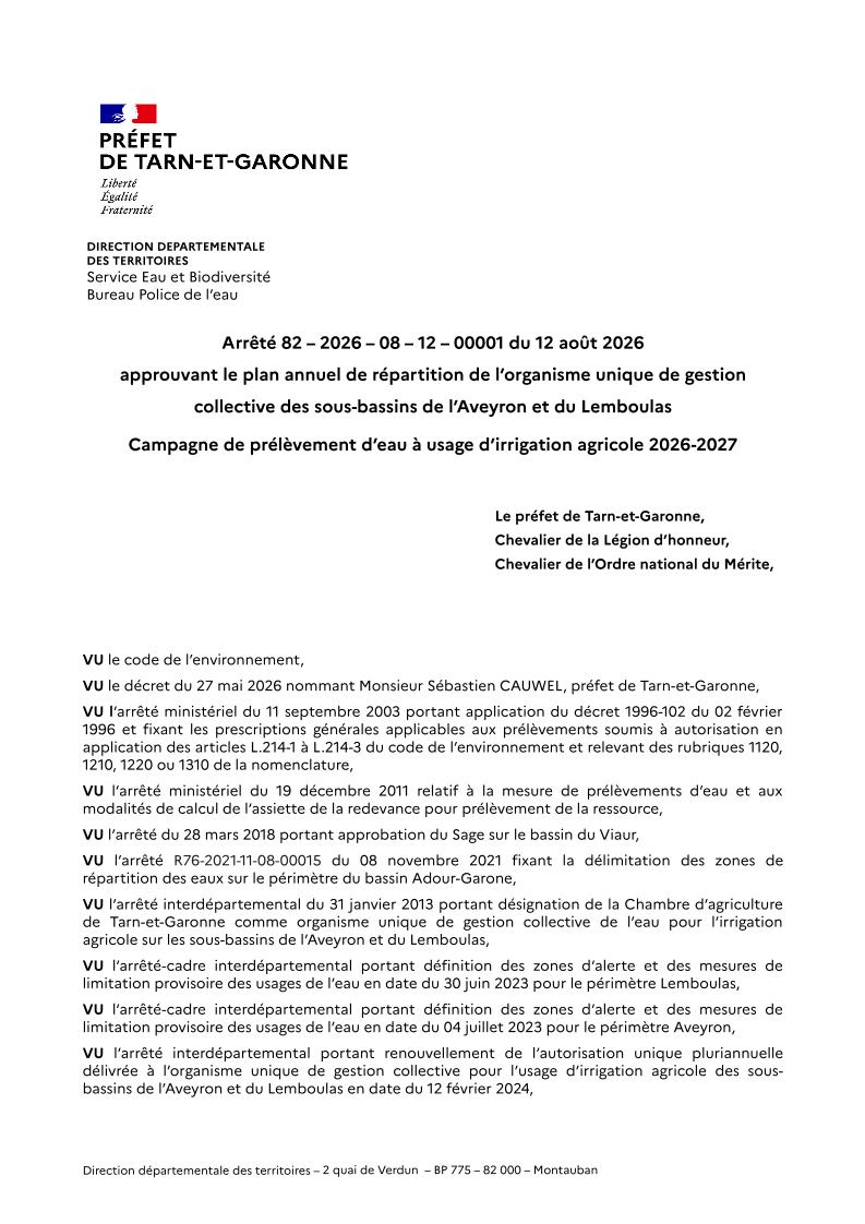 Arrêté 82 – 2026 – 08 – 12 – 00001 du 12 août 2026